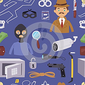 Criminal thief cartoon detective character design with equipment investigator police man design vector seamless pattern