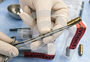 Criminalistic Laboratory, Scientific police officer holds bullet tips with tweezers for ballistic analysis