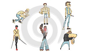 Criminals Funny Characters Set, Male Burglars, Murderers with Different Weapons in Their Hands Vector Illustration photo
