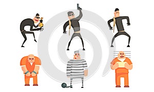 Criminals and Prisoners Characters Set, Masked Robbers Committing Burglary or Theft, Prisoners in Uniform Vector