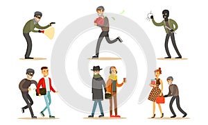 Criminals and Robbers Characters Set, Pickpockets in Dark Clothes Stealing Wallets Vector Illustration