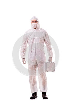 The criminologist in protective suit with steel case photo