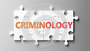 Criminology complex like a puzzle - pictured as word Criminology on a puzzle pieces to show that Criminology can be difficult and photo
