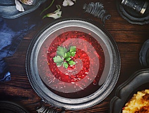 Crimson Beetroot soup with cherries and potato puree - Borscht (Barszcz Czerwony)