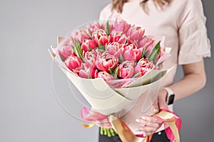 Crimson color tulips in woman hand. Spring bouquet of red tulips in hands. Bunch of fresh cut spring flowers