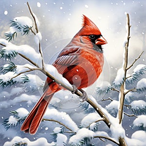 Crimson Commander - A cardinal bird shining boldly against a wintery wonderland photo