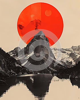 Crimson Disc Over Mountain Peaks: Abstract Minimalist Collage with Geometric Abstraction and Japanese Influence