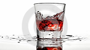 Crimson Elegance Vibrant Red Liquid in Glass with Reflective Water on White background