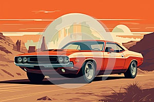 Crimson Fury. A Vintage Red Dodge Challenger Roaring Across the Desert Sands