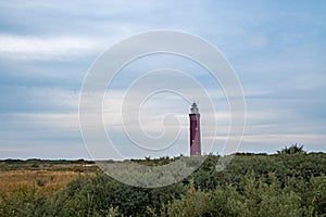 Crimson Lighthouse Overlooking Coastal Shrubs Under Cloudy Skies