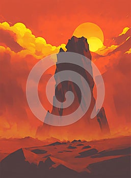 Crimson Majesty: Illustration of a Majestic Red Mountain Bathed in Warmth