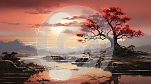 Crimson Moon Landscape: Anime Art Wallpaper With Cherry Blossoms