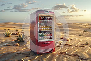 A crimson refrigerator stands amidst the scorching desert landscape, offering a refuge of chilled beverages within its