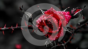 Crimson rose with dew drops on dark background