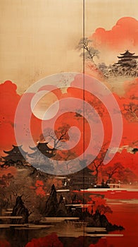 Crimson Serenity: Traditional Japanese Landscape in Red