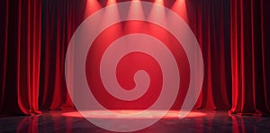 Crimson stage drapes, intense spotlight beams, dramatic, performance, visual photo