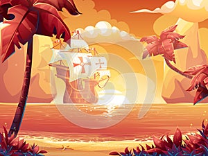 Crimson sun, sunrise or sunset on the sea with galleon