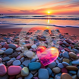 Crimson sunset on a beach filled with glowing natural colored heart shaped polish sea glass and stones on the seashore