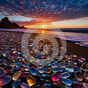 Crimson sunset on a beach filled with glowing natural colored polish sea glass and stones on the seashore, with sky