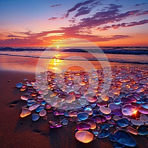 Crimson sunset on a beach filled with glowing natural colored polish sea glass and stones on the seashore, with sky