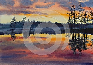 Crimson sunset on a forest lake