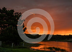 Crimson sunset at pechora river