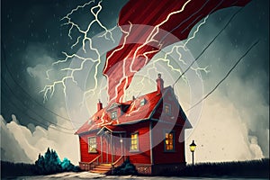 A crimson vortex accompanied by thunder and lightning ravages a small, aging dwelling
