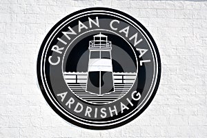 Crinan Canal welcome sign. Water channel in Scotland.