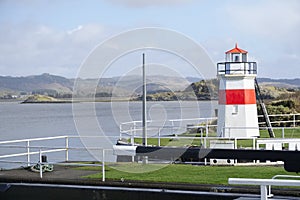 Crinan harbour at canal entrance and lighthouse in Argyll and Bute Scotland