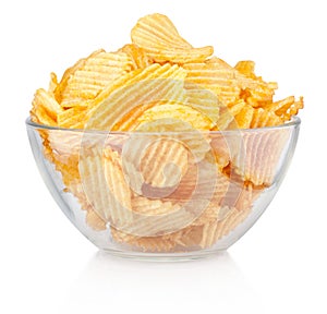 Crinkle cut potato chips in bowl isolated on white background