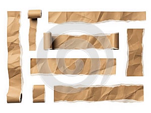 Crinkled brown paper strips and rolls transparent background