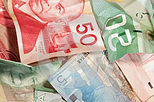 Crinkled Canadian dollar bills closeup