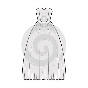 Crinoline dress technical fashion illustration with strapless sweetheart neck, floor length, full skirt, embellishment