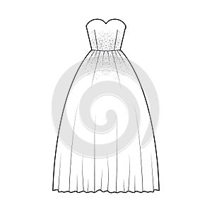 Crinoline dress technical fashion illustration with strapless sweetheart neck, floor length, full skirt, embellishment