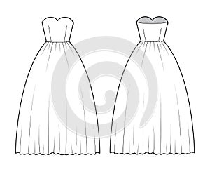 Crinoline dress technical fashion illustration with strapless sweetheart neckline, long floor length, full skirt. Flat