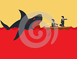 Crisis and business risks, businessman in danger. businessman paddling escape from shark
