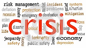 Crisis concept in word tag cloud on white background