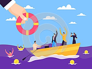 Crisis help business support vector Illustration. Financial sponsorship entrepreneurs in sea water, bankruptcy insurance