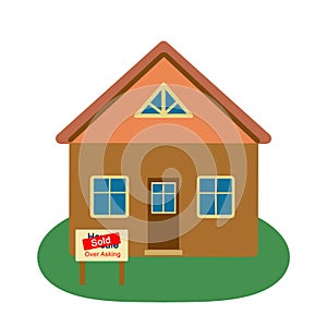 Crisis of housing affordability concept. A house sold by over asking or overpriced. Illustration, clip art