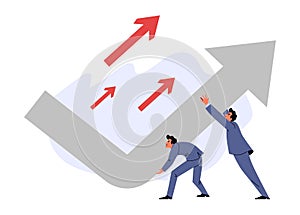 Crisis management vector concept, businessmen change business strategy direction pushing upward financial chart arrow