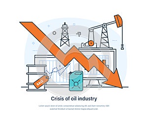 Crisis of oil and economy industry, oil price decreasing. Red arrow showing decline and going to negative value, petroleum market