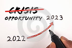 Crisis and opportunity concept. Text and hand with marker on white background