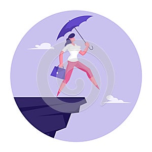 Crisis Protection Concept. Confident Businesswoman with Purple Umbrella and Briefcase in Hand Step into Abyss