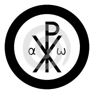 Crismon symbol Cross monogram Xi Hi Ro Konstantin Symbol Saint Pastor sign Religious cross Alfa Omega icon in circle round black photo