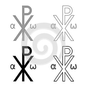 Crismon symbol Cross monogram Xi Hi Ro Konstantin Symbol Saint Pastor sign Religious cross Alfa Omega icon set black color vector photo