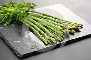 crisp asparagus spears lying on a smooth stone slab