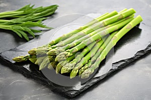 crisp asparagus spears lying on a smooth stone slab