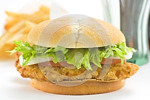 Crisp chicken burger tomato onion cheese lettuce