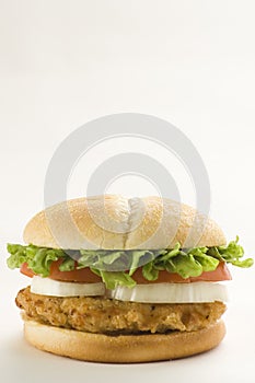 Crisp chicken burger tomato onion cheese lettuce