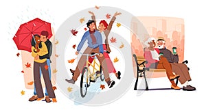 In The Crisp Embrace Of Autumn, Couples Stroll with Umbrella, Hand In Hand, Riding Bicycle and Relax on a Park Bench